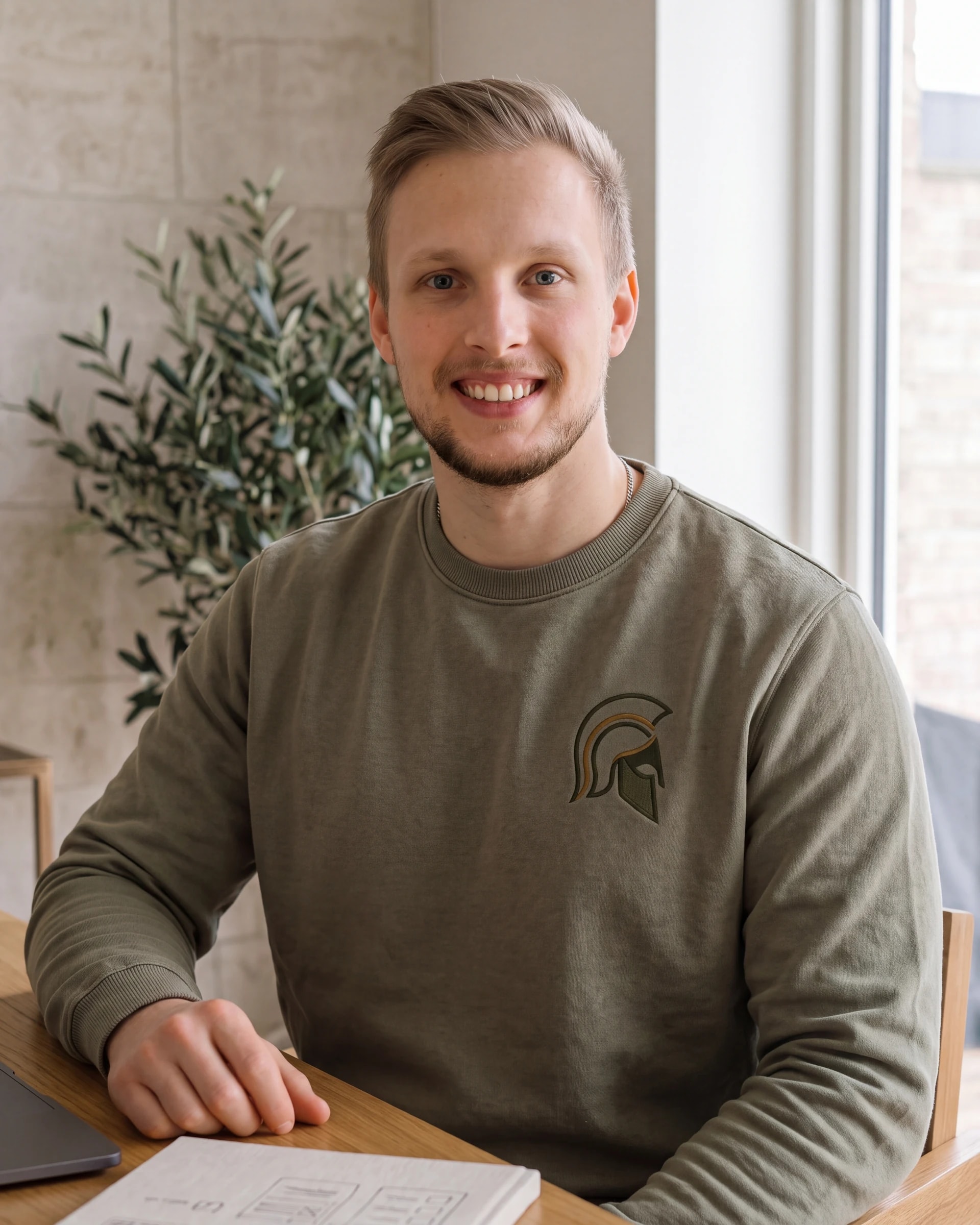 Thomas Schwabauer am Arbeitsplatz im olivgrünen Pullover mit ThenaDev-Logo