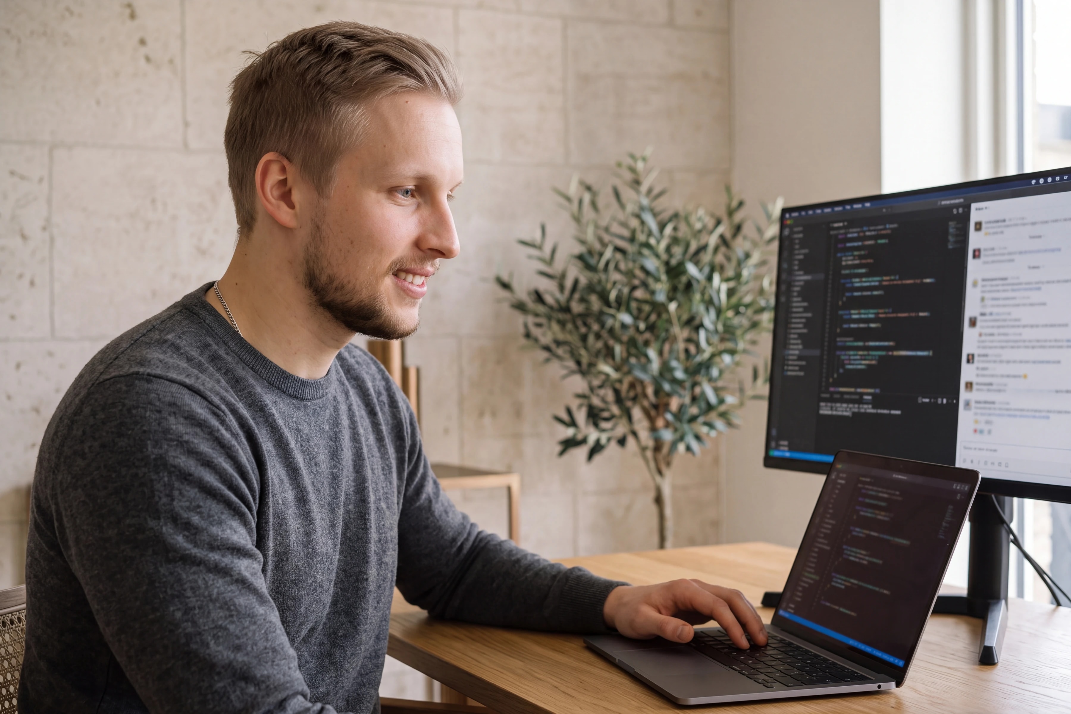 Thomas Schwabauer am Schreibtisch mit Laptop und Bildschirm