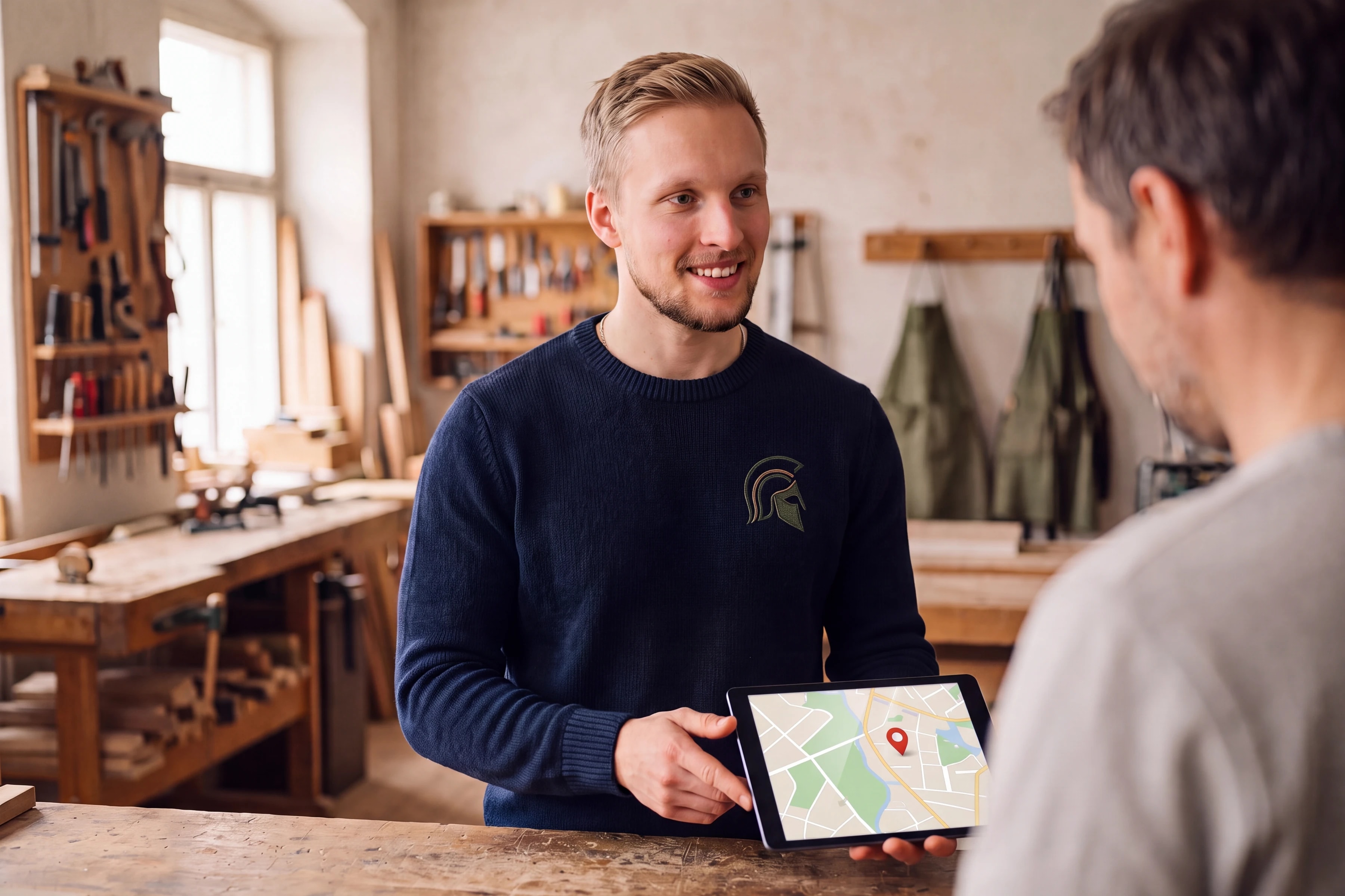 Thomas Schwabauer zeigt einem Handwerker am Ladentisch das Unternehmensprofil auf dem Tablet