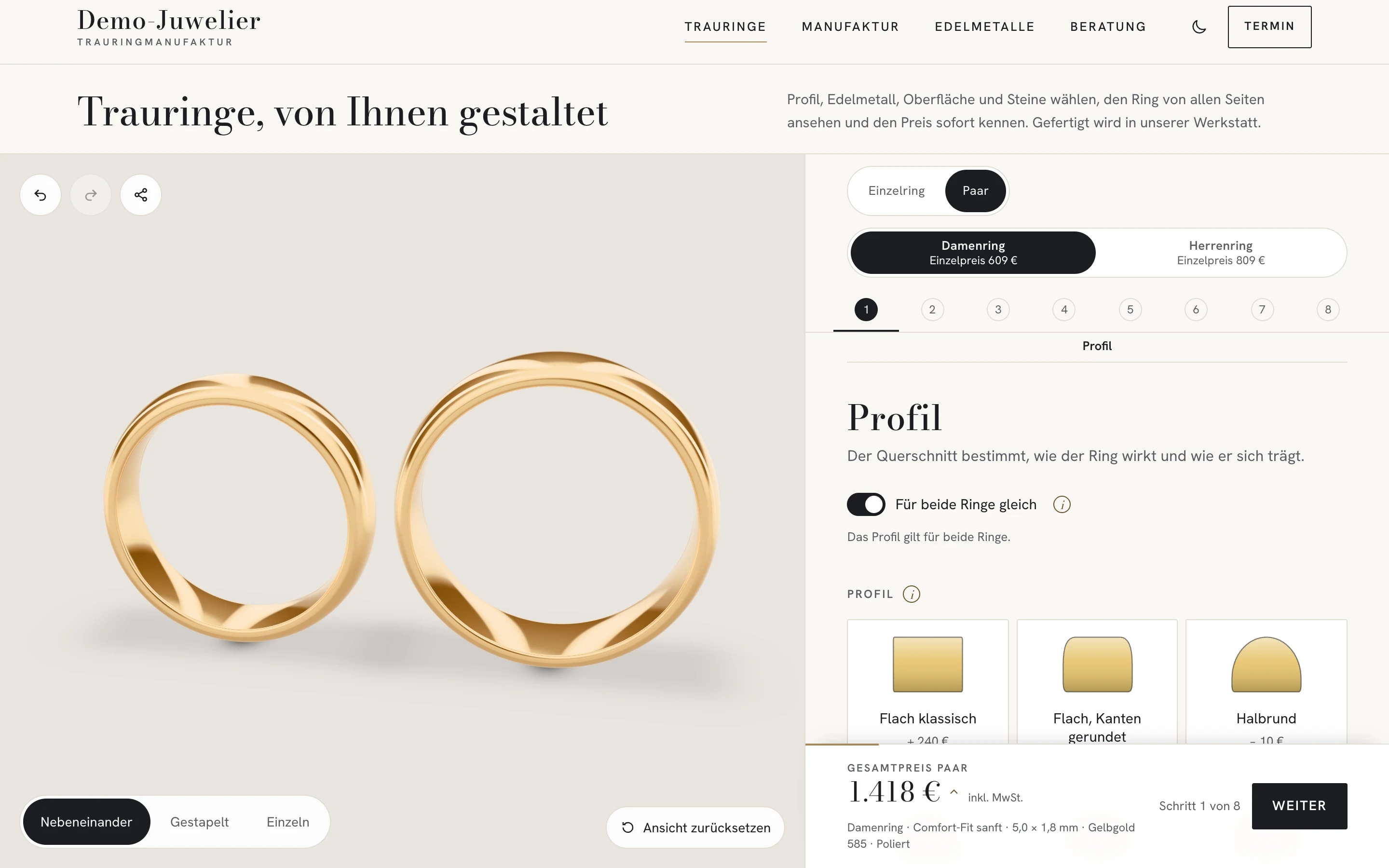 Ringgestalter im Paar-Modus: zwei Goldringe nebeneinander, rechts Profil, Material und Preis